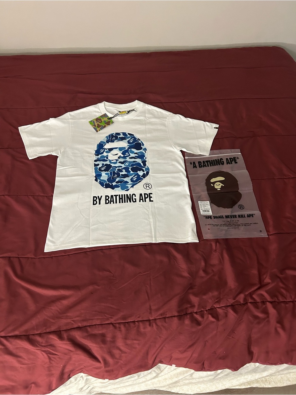 Bape White Tee with Blue Camo Ape Head Logo